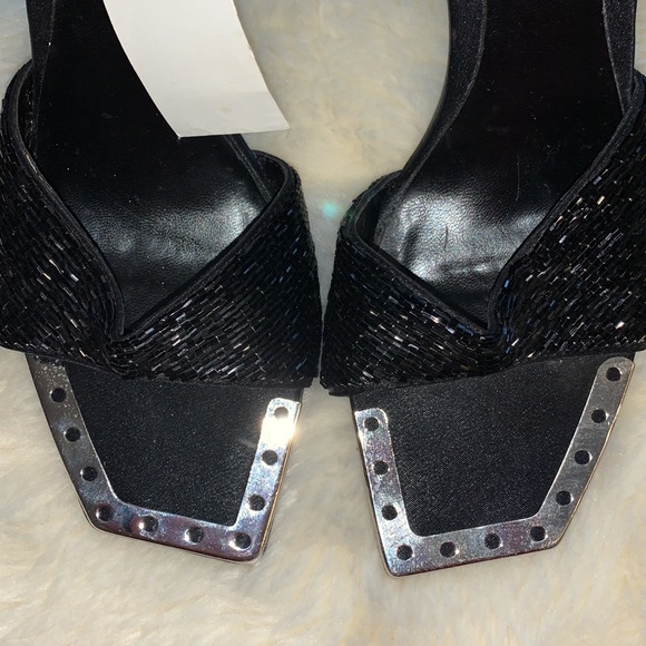 Pierre Dumas jewelled silver heel black beaded kitten slides heels 7 - Picture 9 of 11